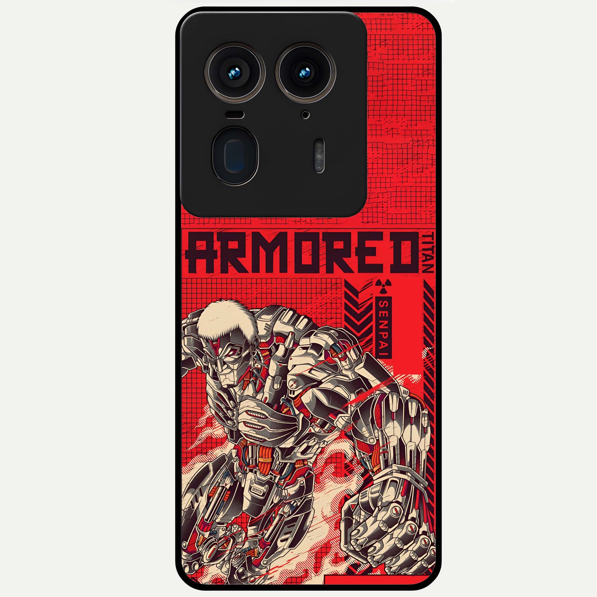 Crimson Mecha Titan Glass Case showing flat back view with powerful mech titan artwork and glossy glass finish.