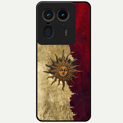 Crimson Sun Majesty Glass Case showing flat back view with radiant sun inspired artwork and glossy glass finish.