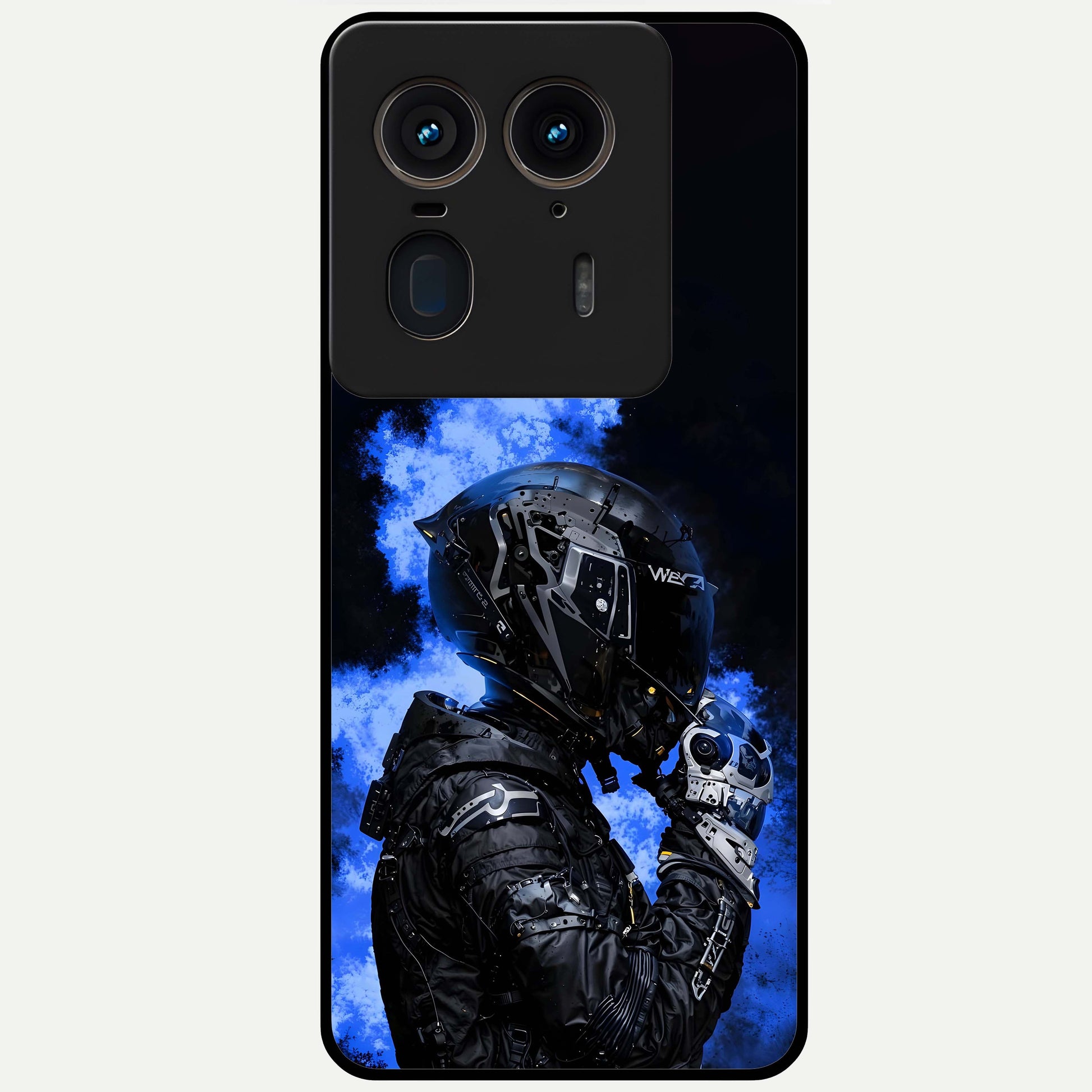 Cyber Sentinel Protocol Glass Case showing flat back view with futuristic cyber themed artwork and glossy glass finish.