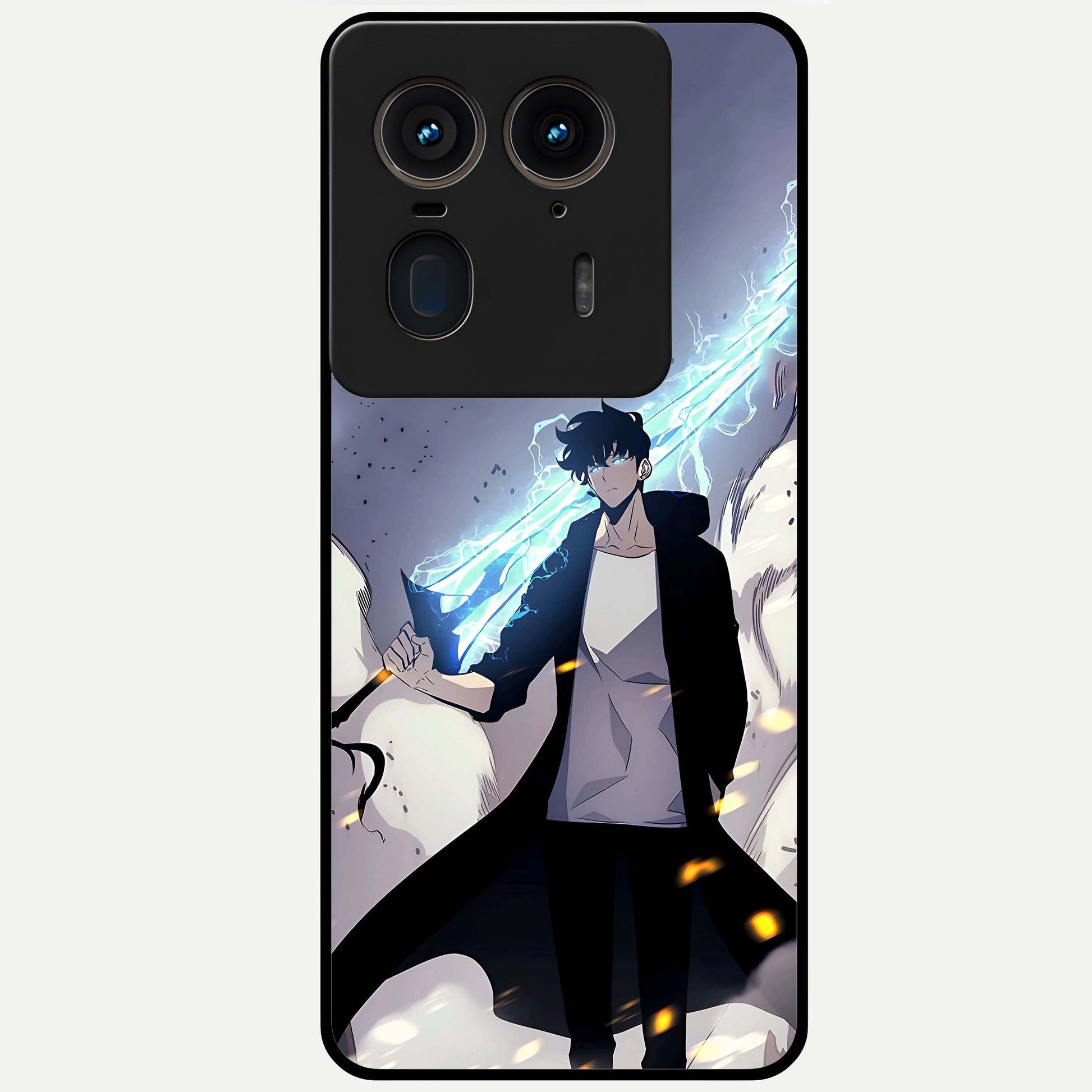 Dark Lightning Anime Warrior Glass Case showing flat back view with intense anime warrior artwork and glossy glass finish.