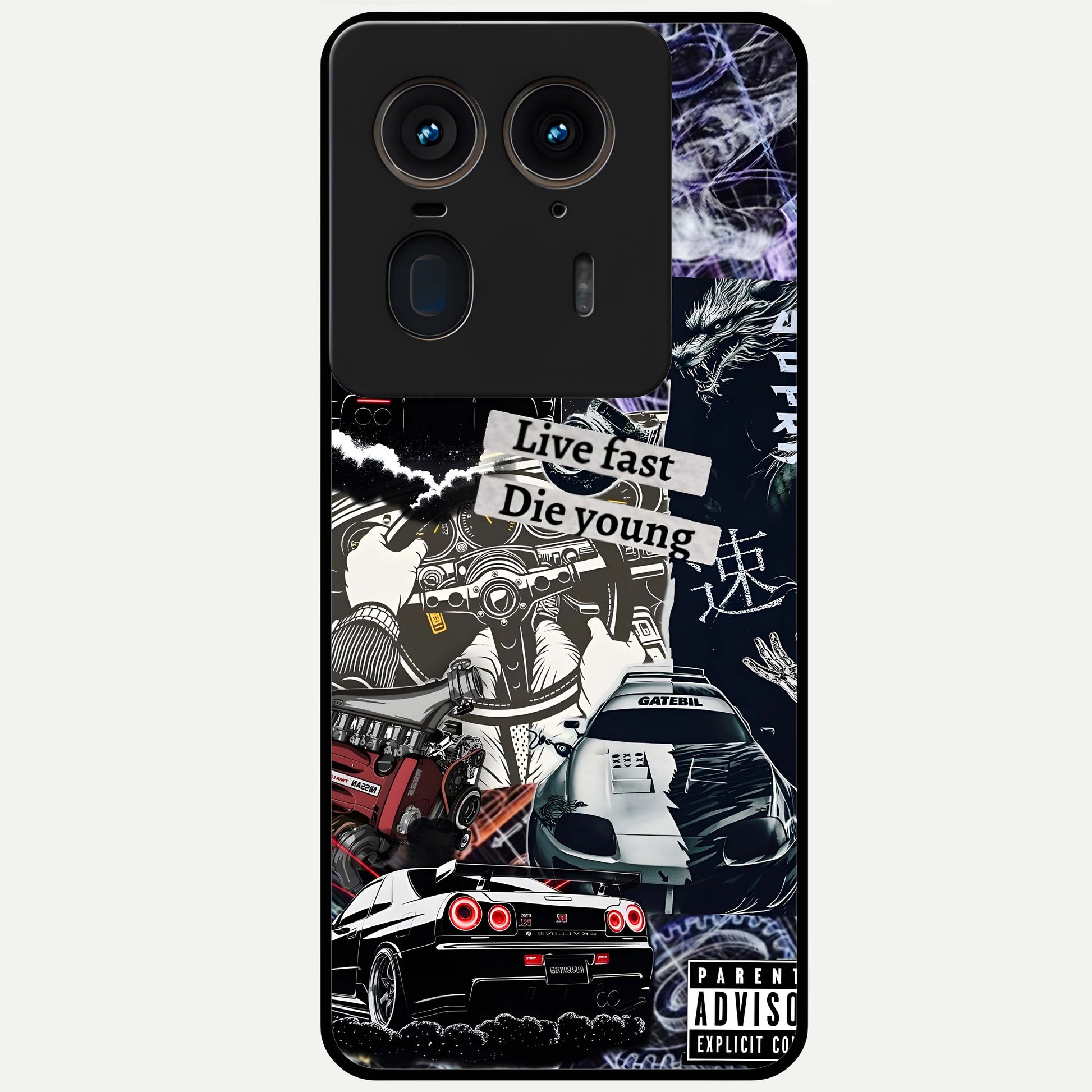 Die Young Glass Case showing flat back view with bold artistic typography design and glossy glass finish.