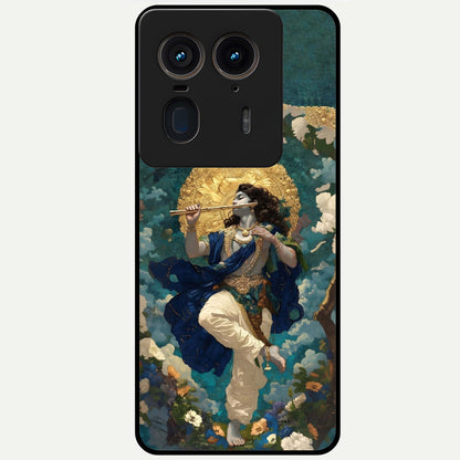Divine Krishna Art Glass Case showing flat back view with Lord Krishna artwork and glossy glass finish.