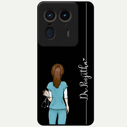 Doctor Pattern Custom Name Glass Case showing flat back view with medical themed pattern and personalized name design.
