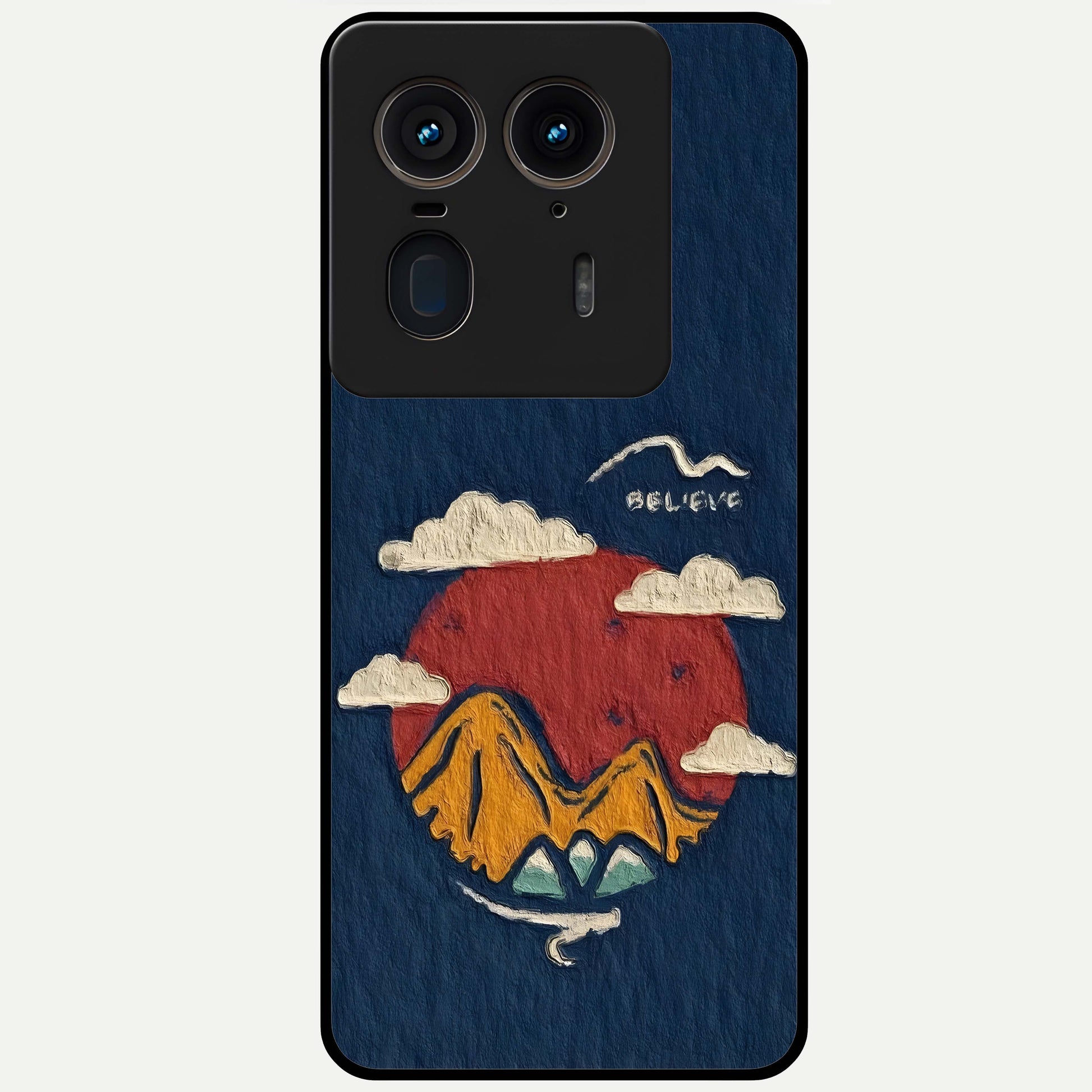 Dream Beyond Mountains Glass Case showing flat back view with scenic mountain landscape artwork and glossy glass finish.