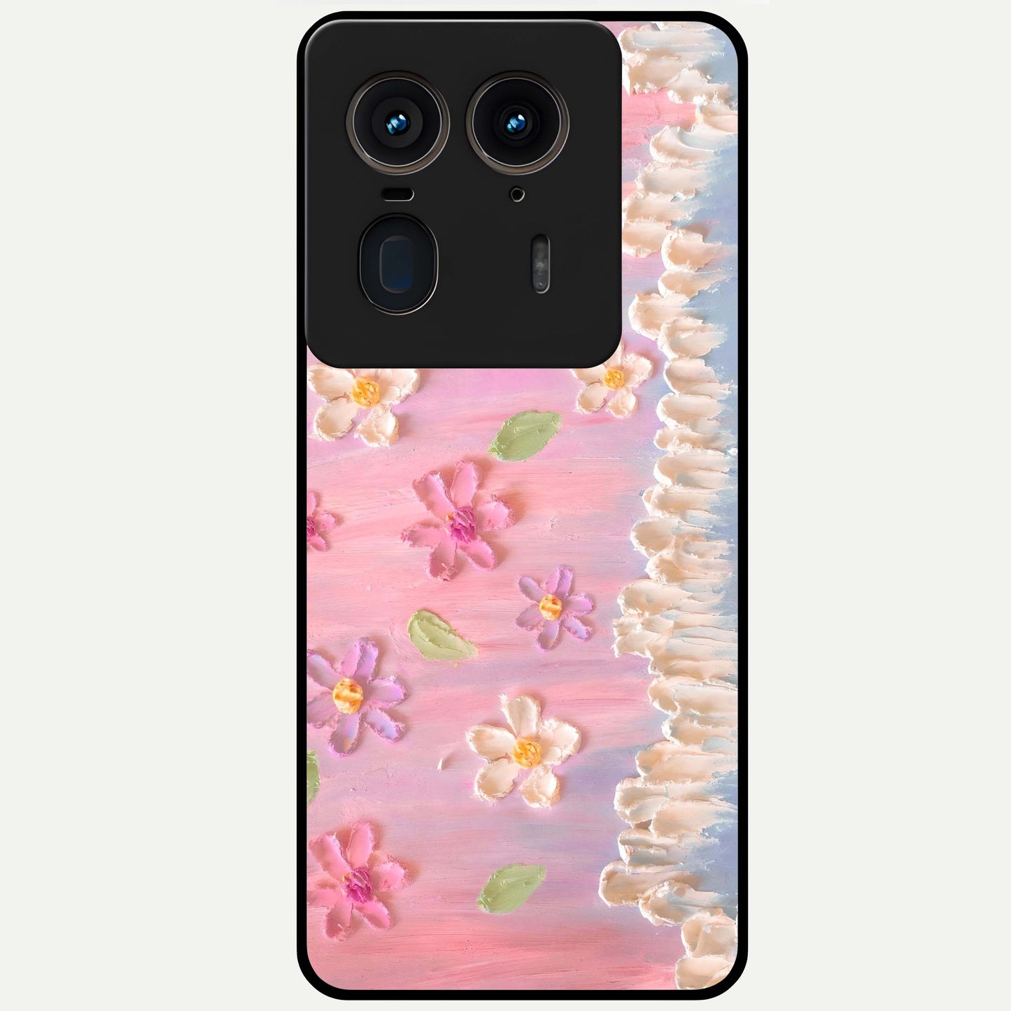 Dreamy Painted Garden Glass Case showing flat back view with artistic painted floral garden artwork and glossy glass finish.