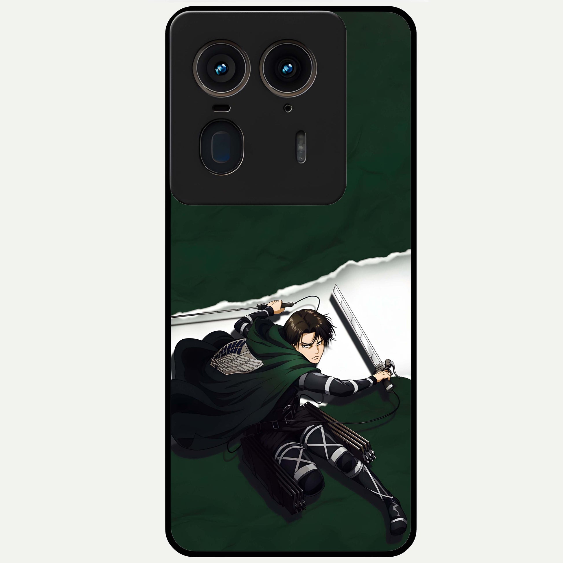 Emerald War Vanguard Glass Case showing flat back view with powerful warrior themed artwork and glossy glass finish.