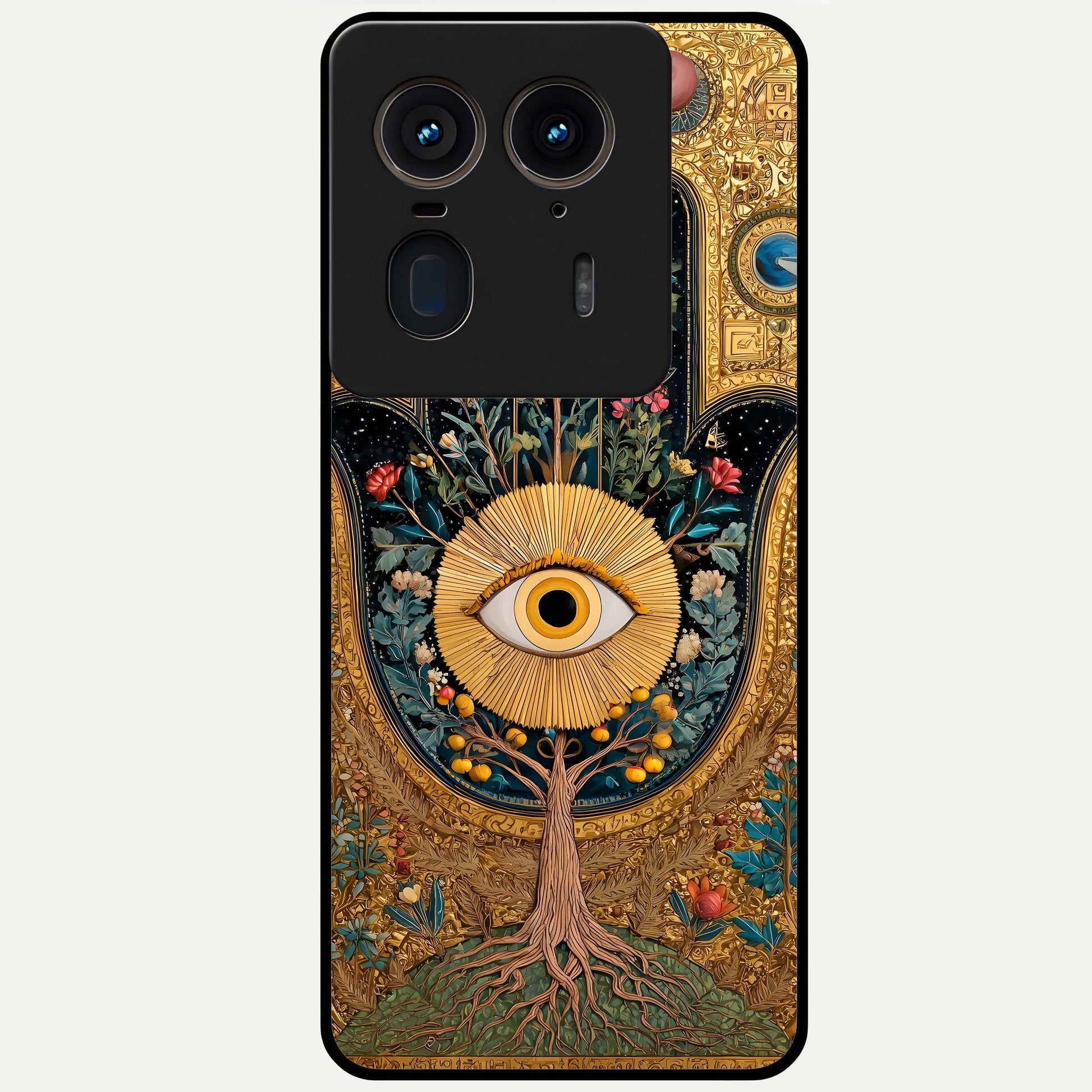 Ethereal Evil Eye Glass Case showing flat back view with mystical evil eye artwork and glossy glass finish.