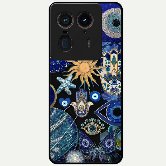 Evil Eye Charm Mix Glass Case showing flat back view with multiple evil eye charms artwork and glossy glass finish.