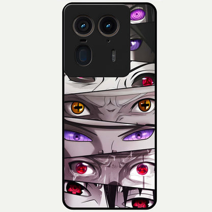 Eyes of Destiny Glass Case showing flat back view with striking eye themed artwork and glossy glass finish.