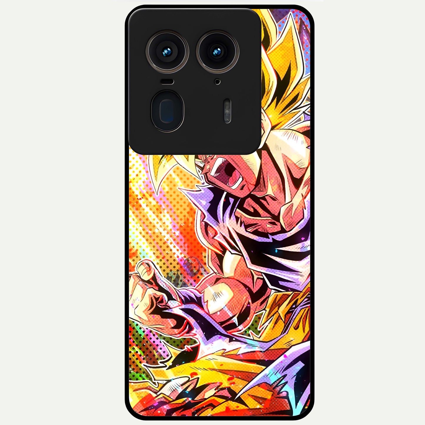 Firing Goku Glass Case showing flat back view with powerful anime inspired artwork and glossy glass finish.