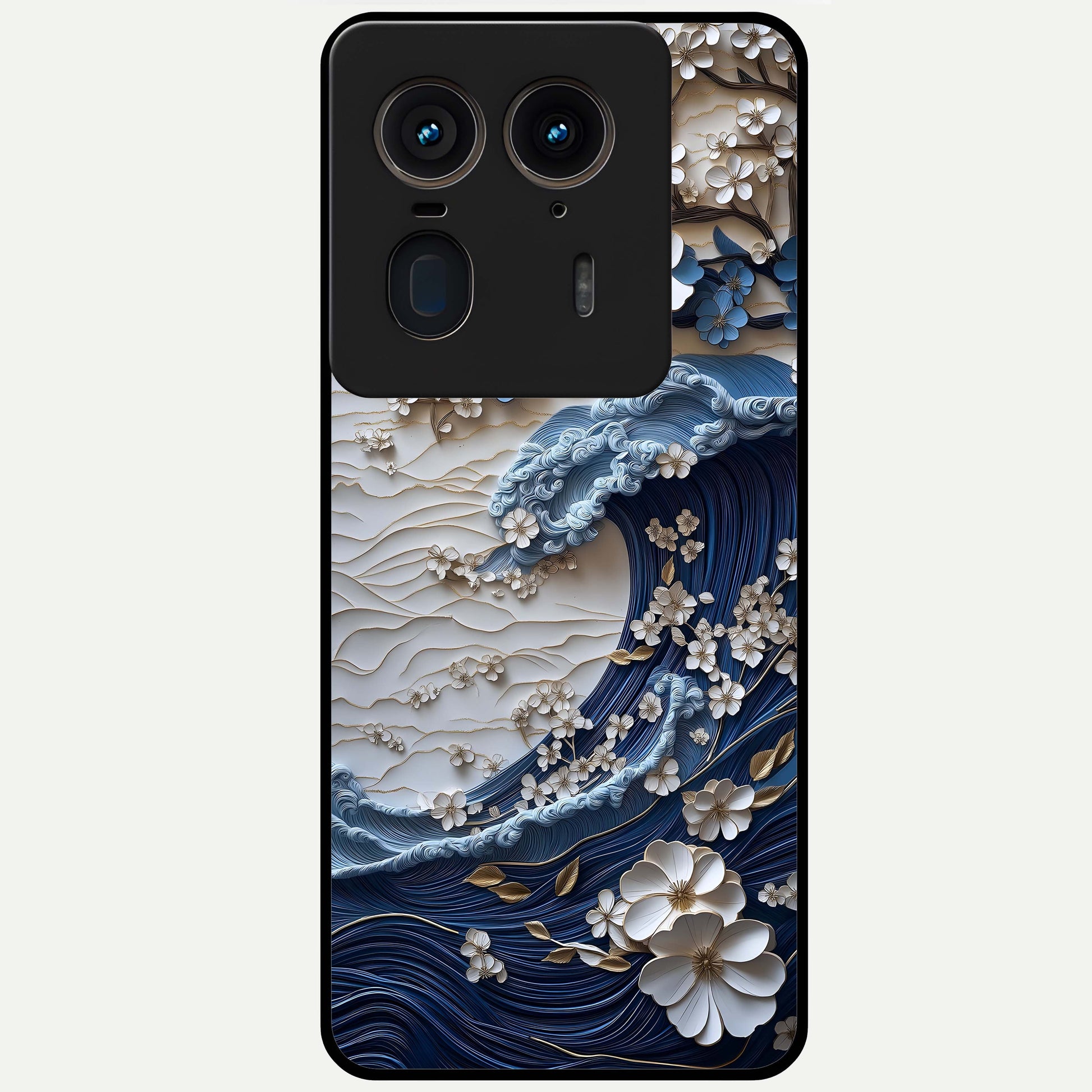 Floral Wave Origami Glass Case showing flat back view with origami inspired floral wave artwork and glossy glass finish.