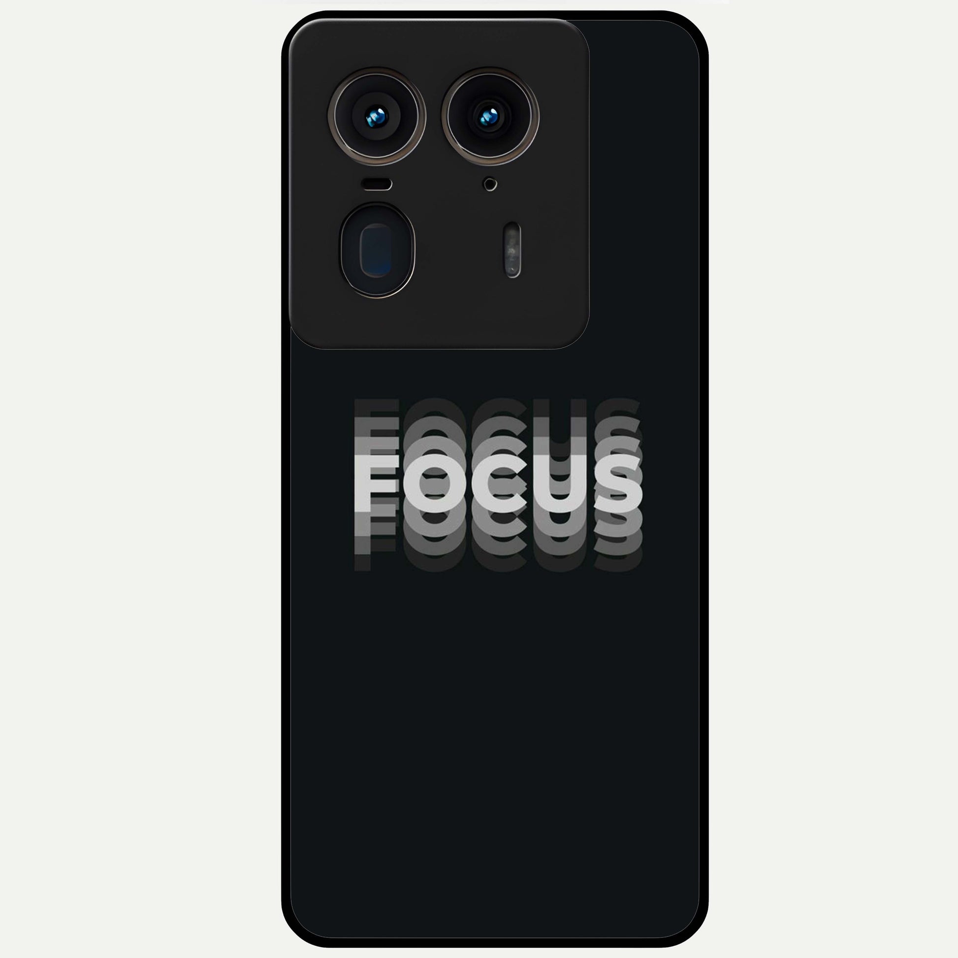 Focus Mode On Glass Case showing flat back view with bold motivational typography design and glossy glass finish.