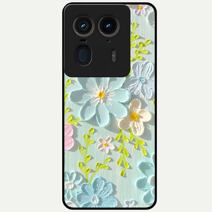 Frosted Petal Garden Glass Case showing flat back view with soft frosted floral artwork and glossy glass finish.