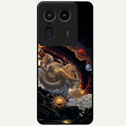 Galactic Divine God Glass Case showing flat back view with divine cosmic themed artwork and glossy glass finish.