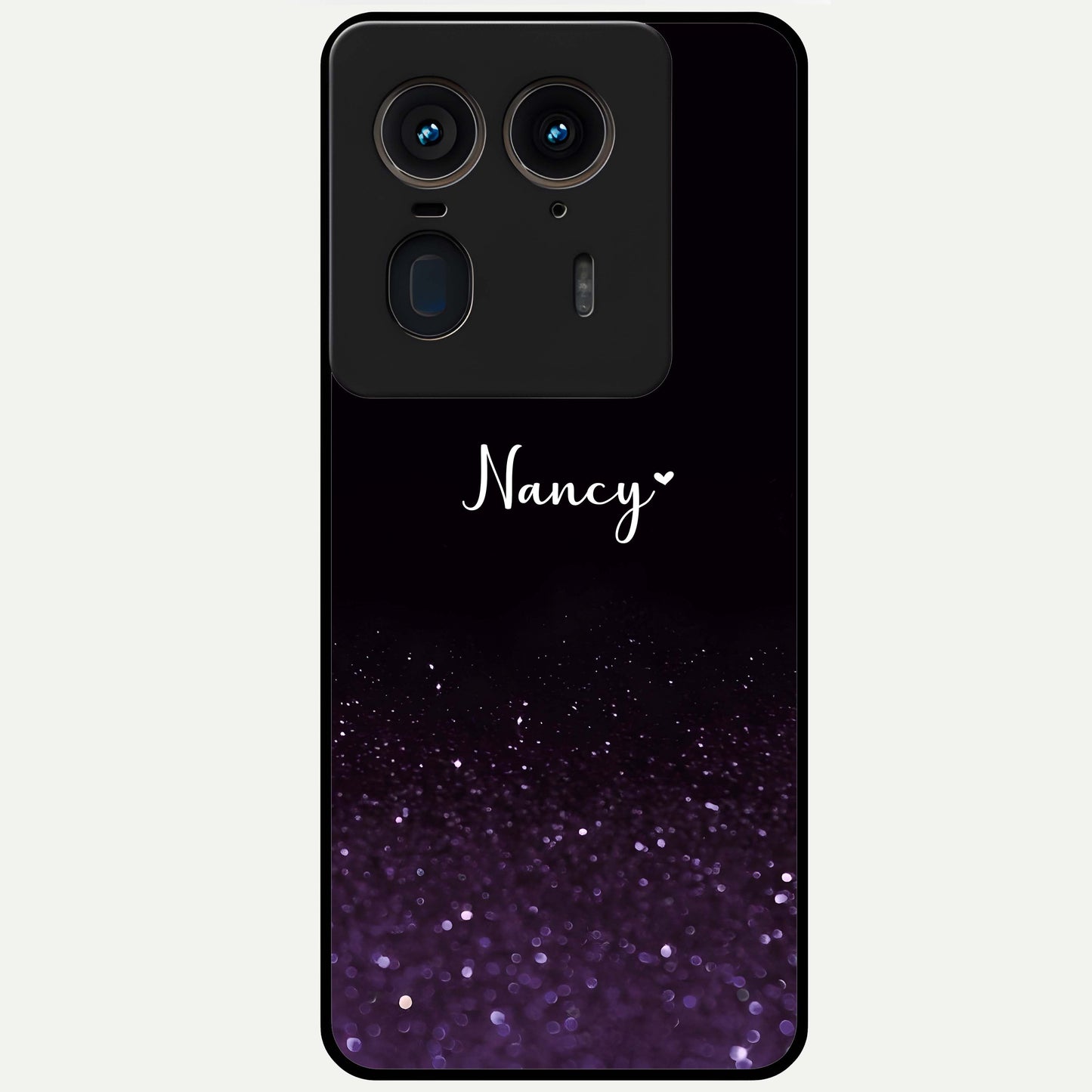 Glittery Purple Bokeh Custom Name Glass Case showing flat back view with purple bokeh sparkle artwork and personalized name design.