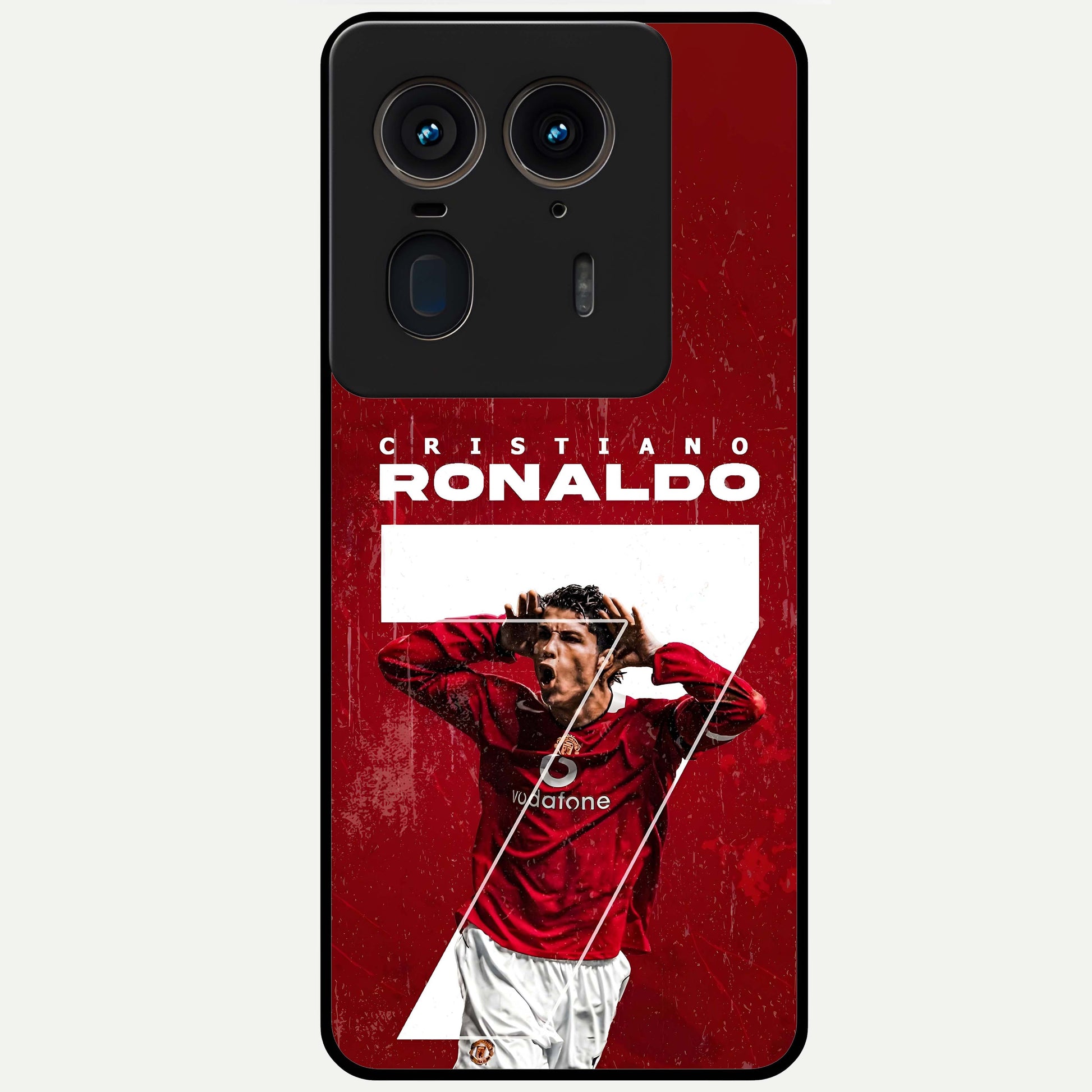 Goal Celebration Legacy Glass Case showing flat back view with football celebration inspired artwork and glossy glass finish.