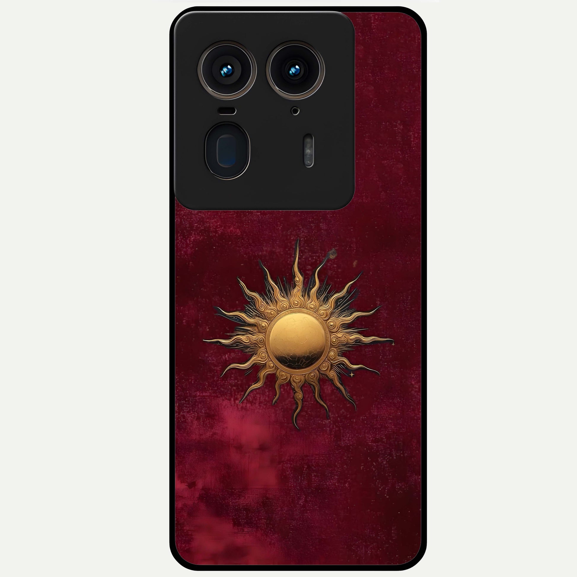 Gold Sun Blush Glass Case showing flat back view with golden sun inspired artwork and glossy glass finish.