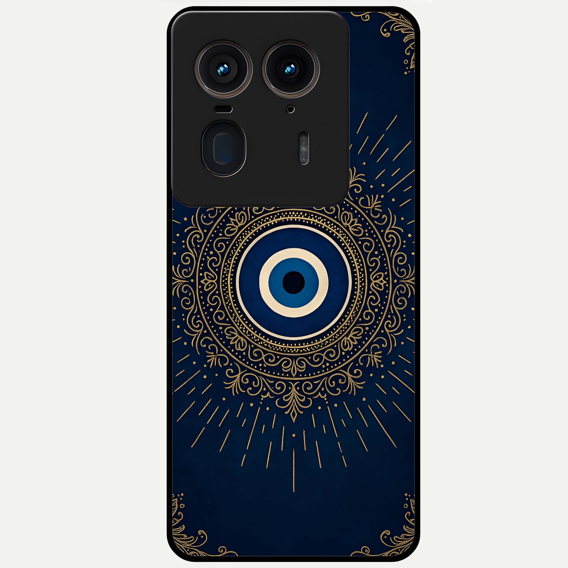 Golden Evil Eye Mandala Glass Case showing flat back view with intricate evil eye mandala artwork and glossy glass finish.
