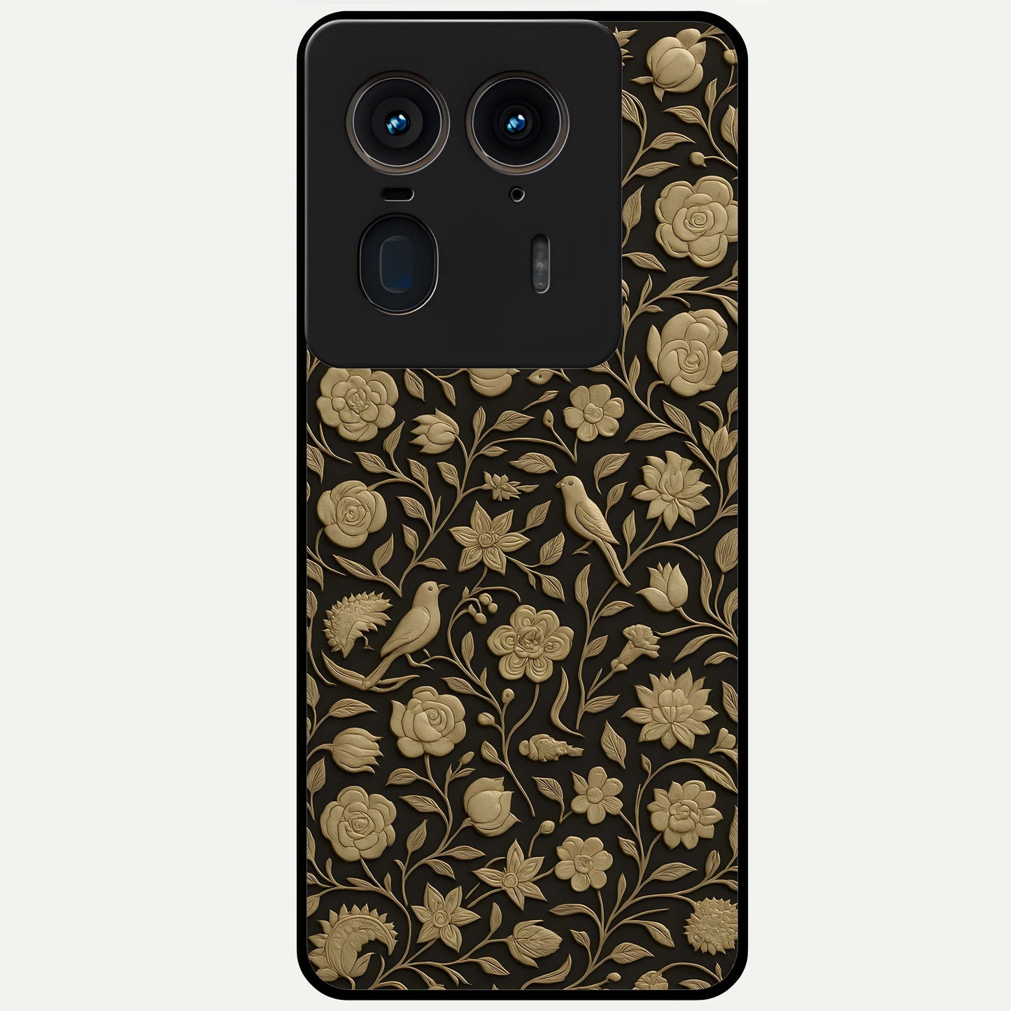 Golden Floral Majesty Glass Case showing flat back view with luxurious golden floral artwork and glossy glass finish.