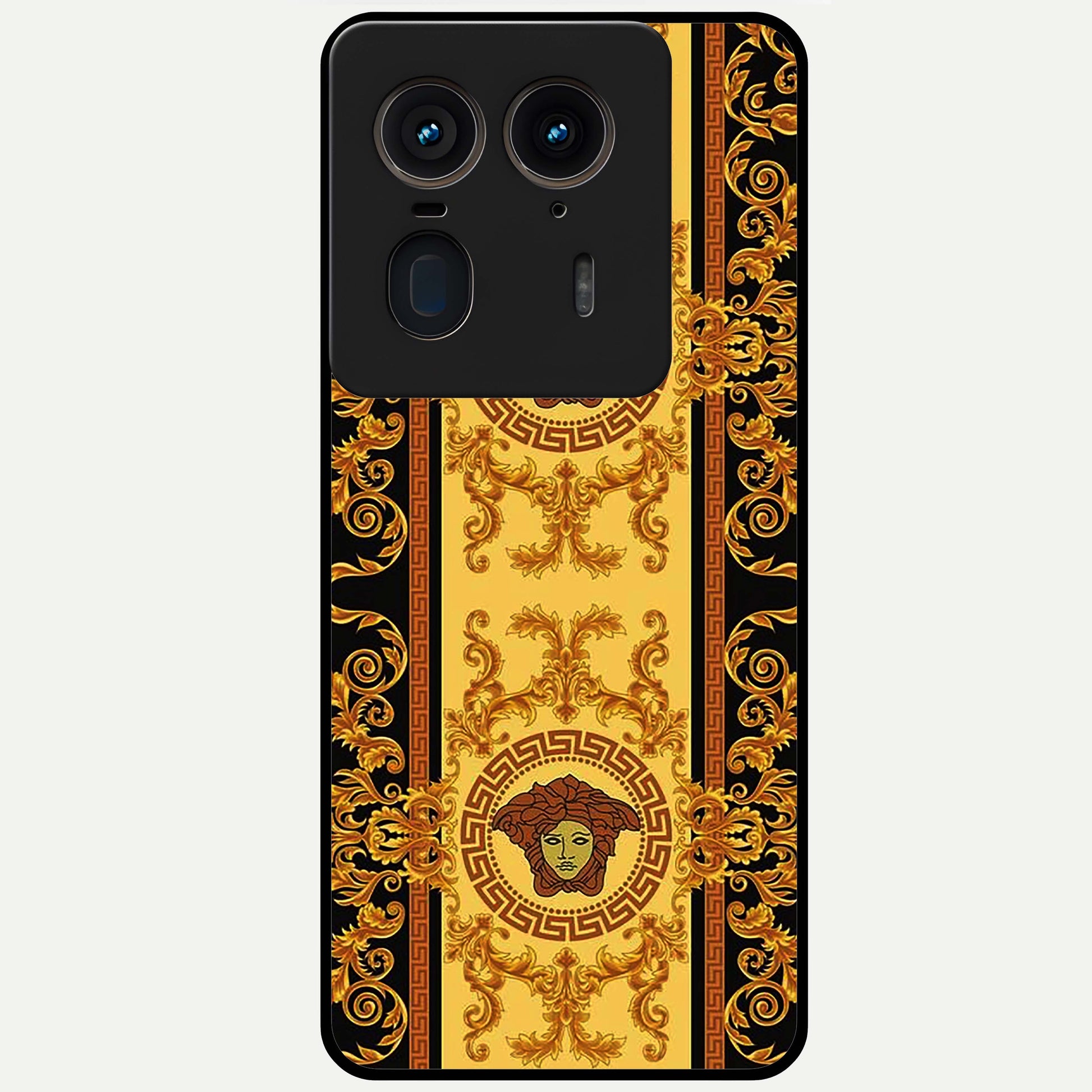 Golden Royal Heritage Glass Case showing flat back view with ornate royal pattern artwork and glossy glass finish.