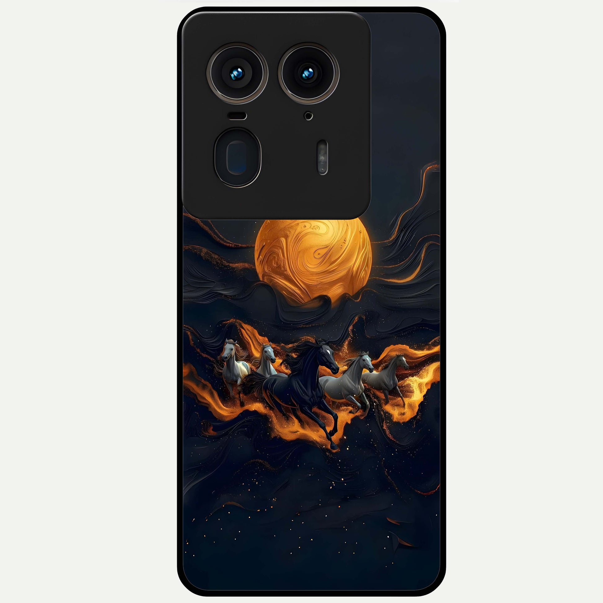 Golden Stallion Moonride Glass Case showing flat back view with majestic horse under moonlight artwork and glossy glass finish.