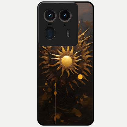 Golden Sun Majesty Glass Case showing flat back view with radiant golden sun artwork and glossy glass finish.