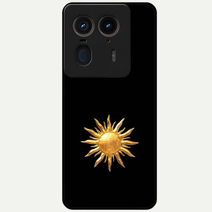 Golden Sun Minimalism Glass Case showing flat back view with minimal golden sun artwork and glossy glass finish.