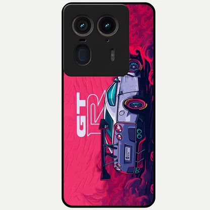 GT-R Car Pattern Glass Case showing flat back view with sporty car inspired pattern artwork and glossy glass finish.