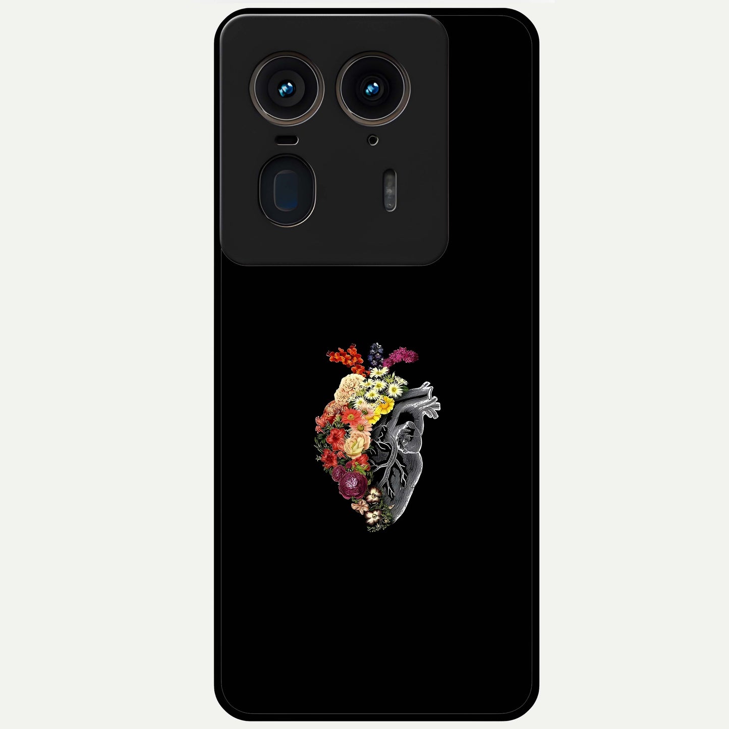Heart With Flowers Glass Case showing flat back view with heart shaped floral artwork and glossy glass finish.