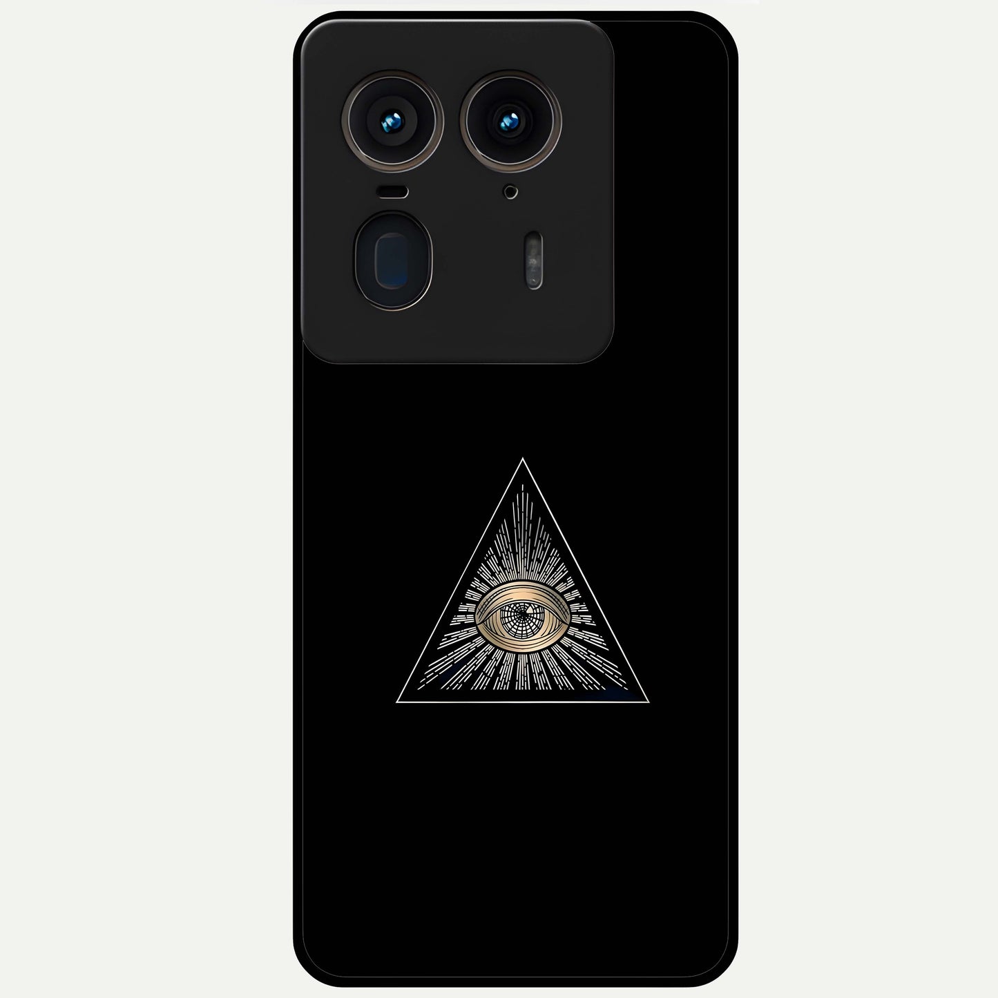 Illuminati Evil Glass Case showing flat back view with mysterious illuminati symbol artwork and glossy glass finish.