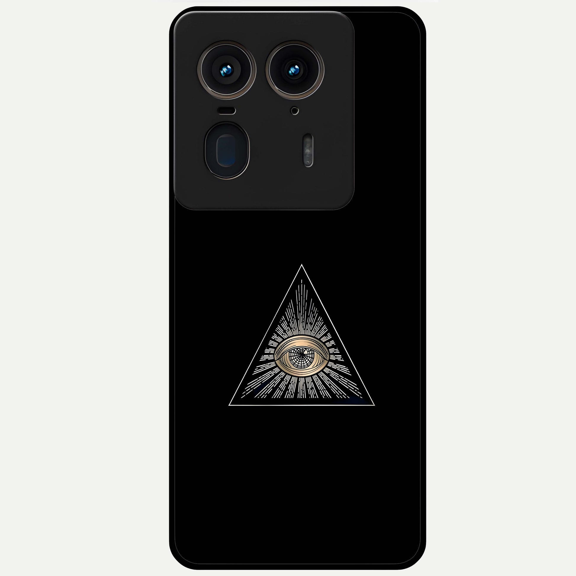 Illuminati Evil Glass Case showing flat back view with mysterious illuminati symbol artwork and glossy glass finish.