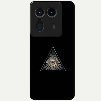 Illuminati Evil Glass Case showing flat back view with mysterious illuminati symbol artwork and glossy glass finish.