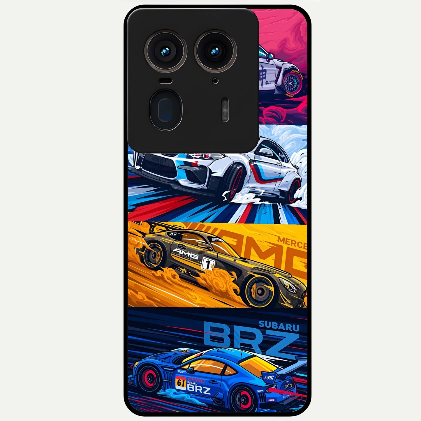 JDM Sports Car Glass Case showing flat back view with high performance sports car artwork and glossy glass finish.