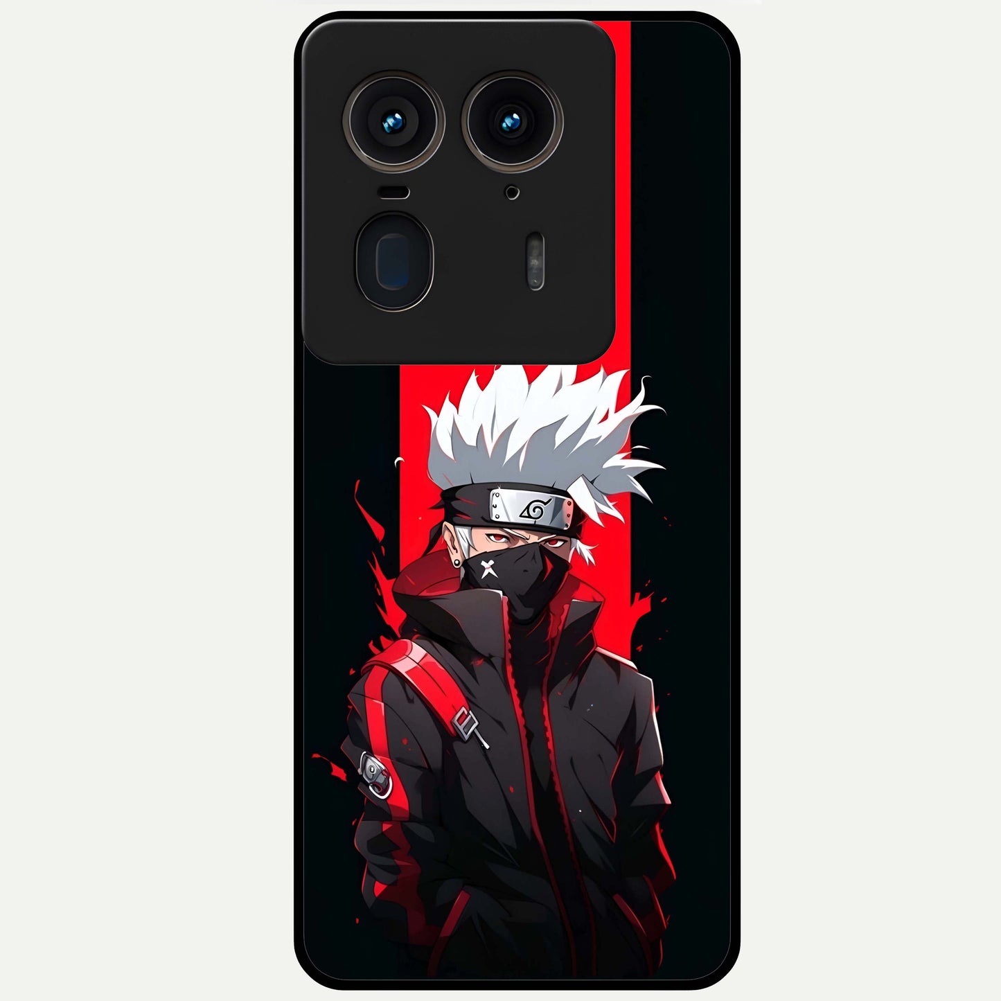 Kakashi Scarlet Shadow Glass Case showing flat back view with powerful anime ninja artwork and glossy glass finish.