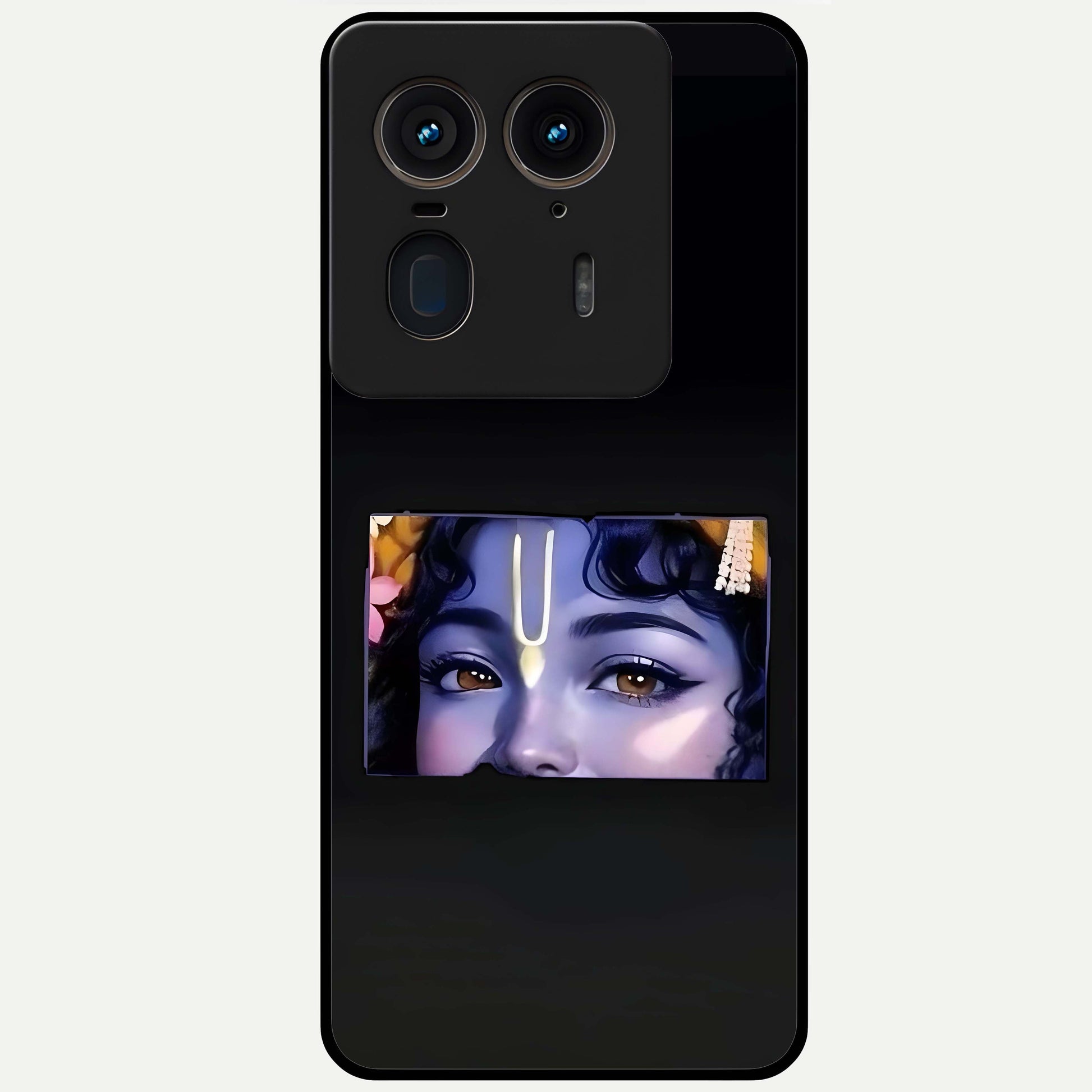 Krishna Divine Embrace Glass Case showing flat back view with Lord Krishna devotional artwork and glossy glass finish.