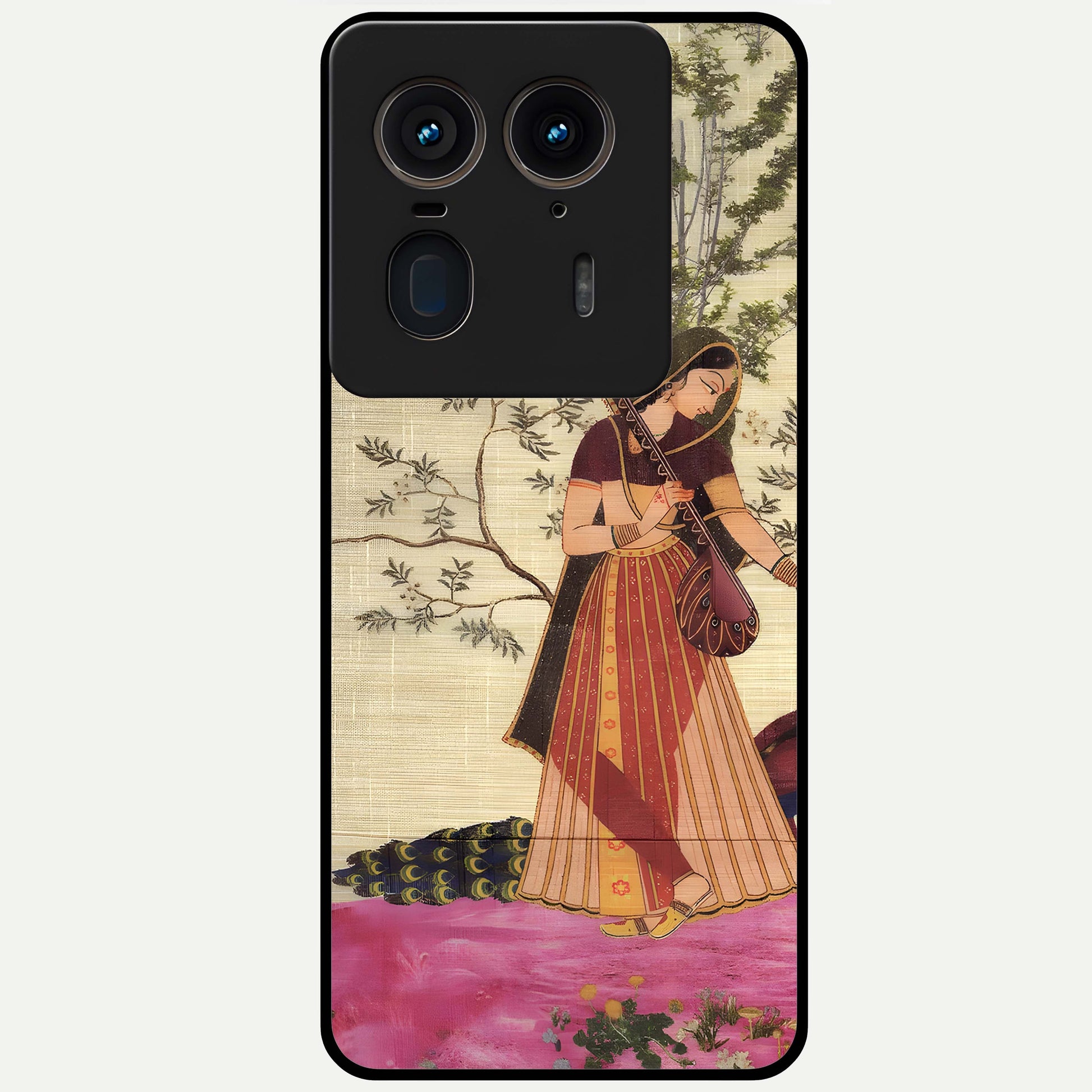 Lady With Veena Art Glass Case showing flat back view with elegant woman playing veena artwork and glossy glass finish.