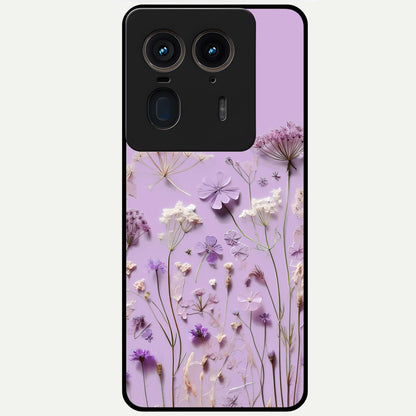 Lavender Blossom Dream Glass Case showing flat back view with soft lavender floral artwork and glossy glass finish.