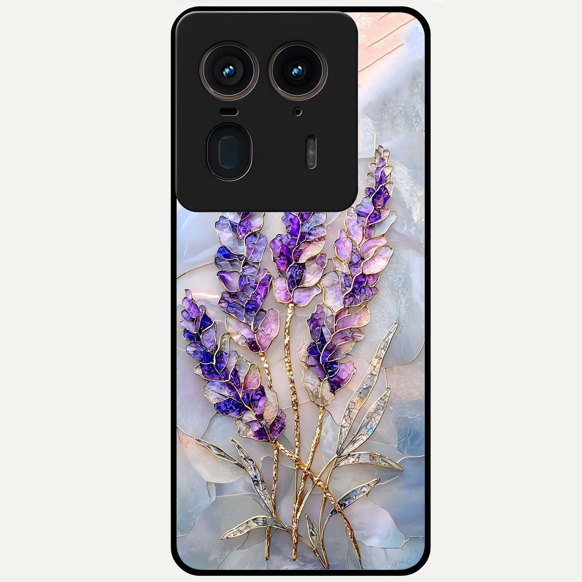 Lavender Dream Glow Glass Case showing flat back view with glowing lavender aesthetic artwork and glossy glass finish.