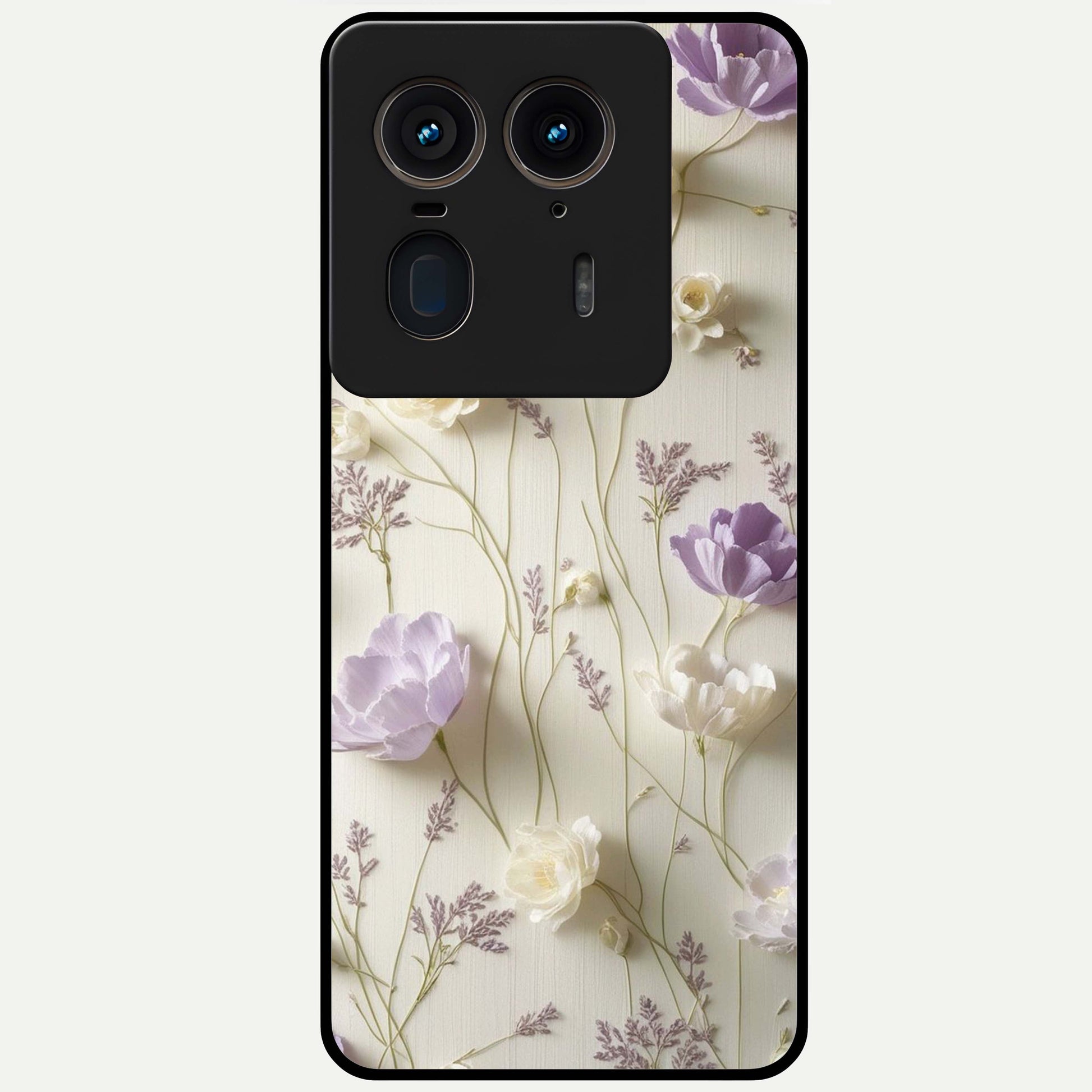 Lilac Breeze Harmony Glass Case showing flat back view with soft lilac themed artwork and glossy glass finish.