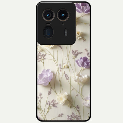 Lilac Breeze Harmony Glass Case showing flat back view with soft lilac themed artwork and glossy glass finish.