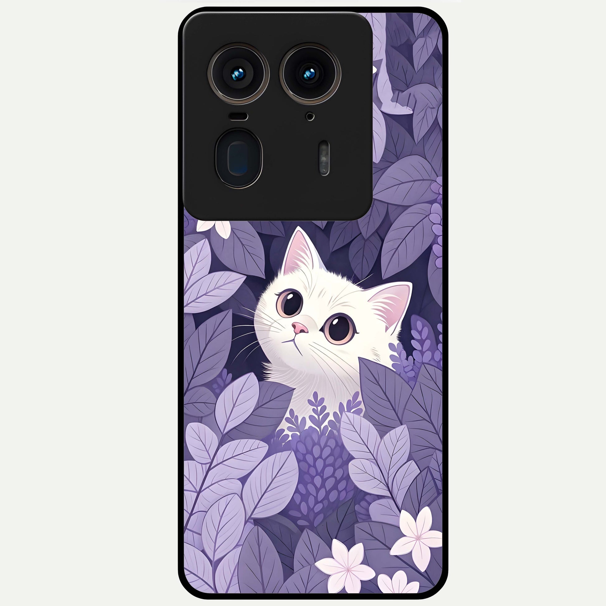 Lilac Hide Peek Cat Glass Case showing flat back view with cute peeking cat artwork and glossy glass finish.