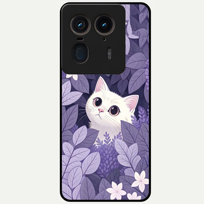 Lilac Hide Peek Cat Glass Case showing flat back view with cute peeking cat artwork and glossy glass finish.