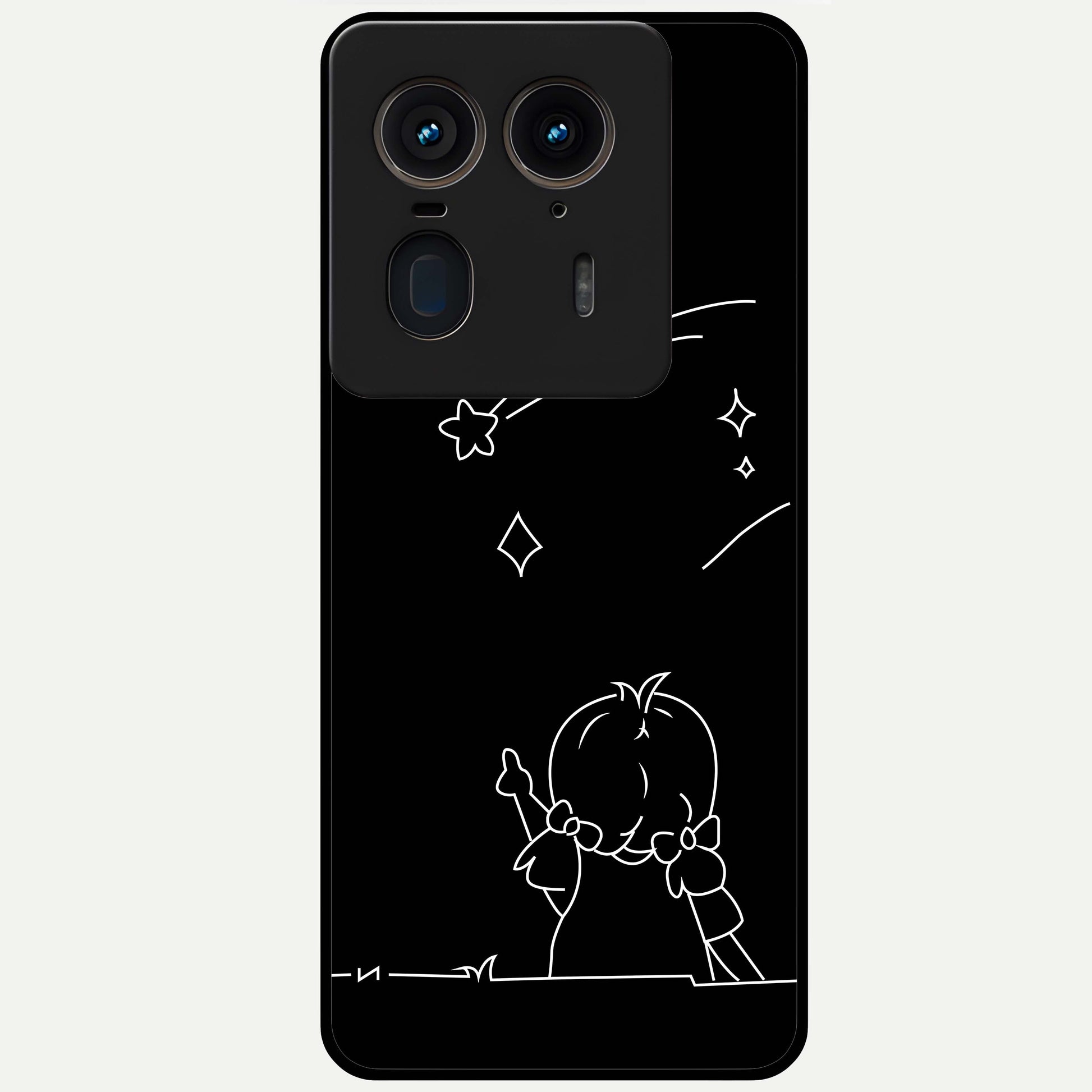 Line Art Girl With Shooting Stars Glass Case showing flat back view with minimal line art girl and shooting stars illustration and glossy glass finish.