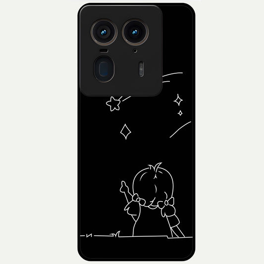 Line Art Girl With Shooting Stars Glass Case showing flat back view with minimal line art girl and shooting stars illustration and glossy glass finish.