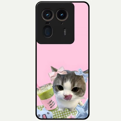 Love Matcha Cat Glass Case showing flat back view with cute cat and matcha themed artwork and glossy glass finish.