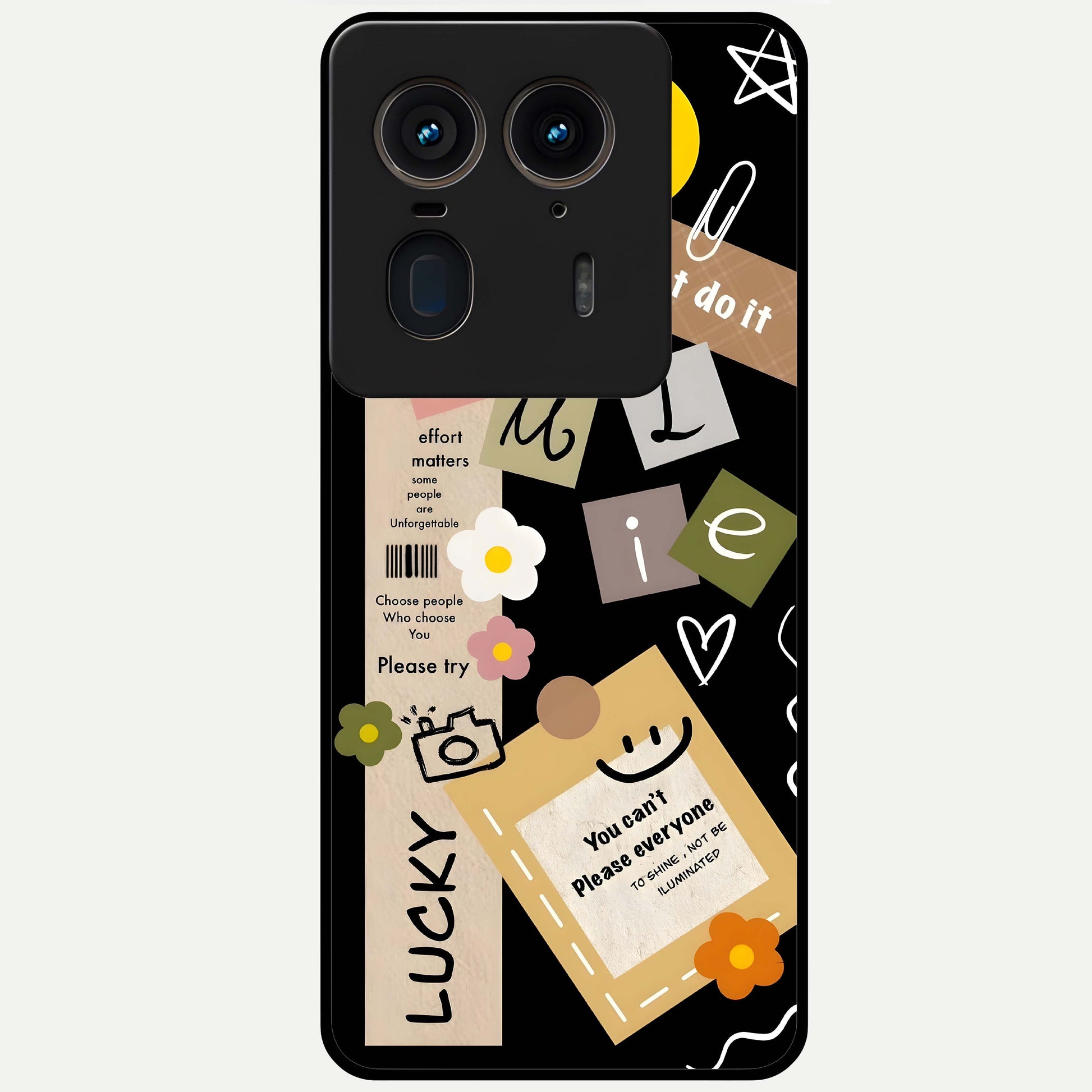 Lucky Aesthetic Collage Glass Case showing flat back view with trendy aesthetic collage artwork and glossy glass finish.