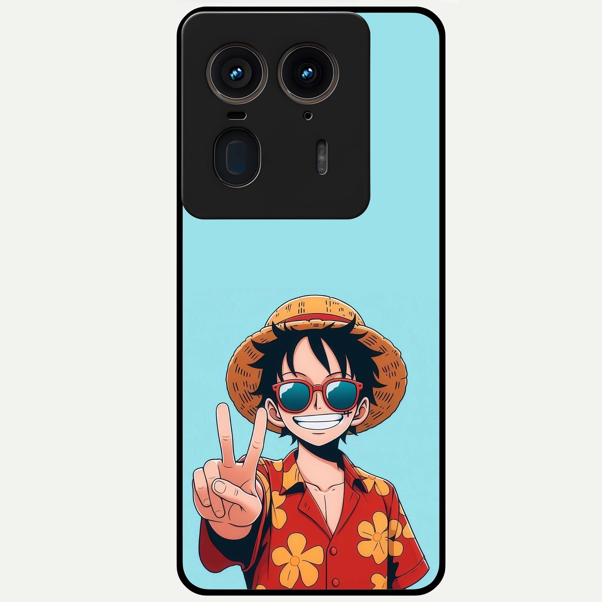 Luffy Summer Anime Vibe Glass Case showing flat back view with vibrant anime character artwork and glossy glass finish.