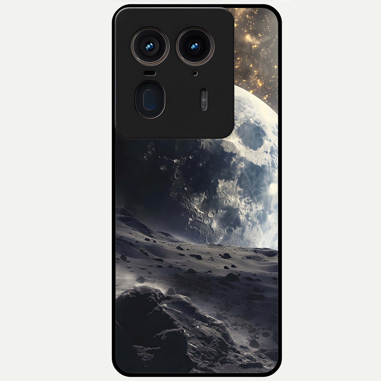 Lunar Horizon Glow Glass Case showing flat back view with glowing moon horizon artwork and glossy glass finish.