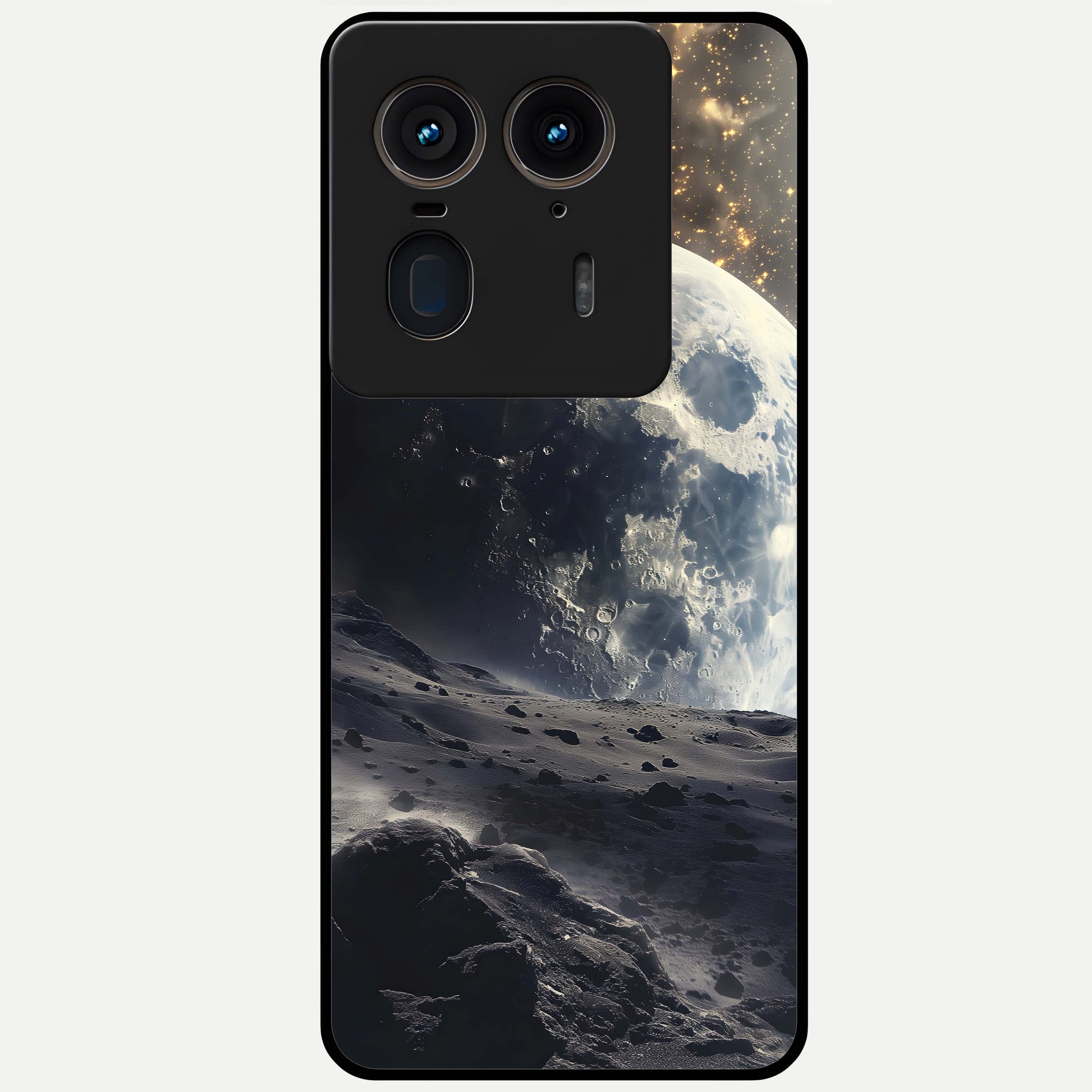 Lunar Horizon Glow Glass Case showing flat back view with glowing moon horizon artwork and glossy glass finish.