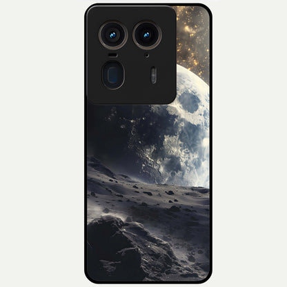 Lunar Horizon Glow Glass Case showing flat back view with glowing moon horizon artwork and glossy glass finish.